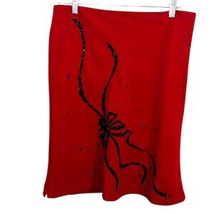 Michele Petite Red Skirt With Black Beaded Floral Design Size 12P